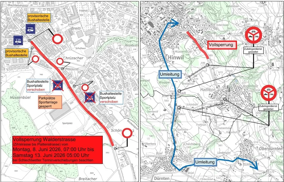Dieser Abschnitt der Walderstrasse ist von der Sperrung betroffen. Karte einer Strassensperrung.
